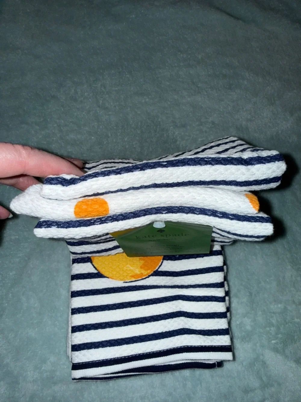kate spade Navy & White Striped Kitchen Towel with Orange Motif